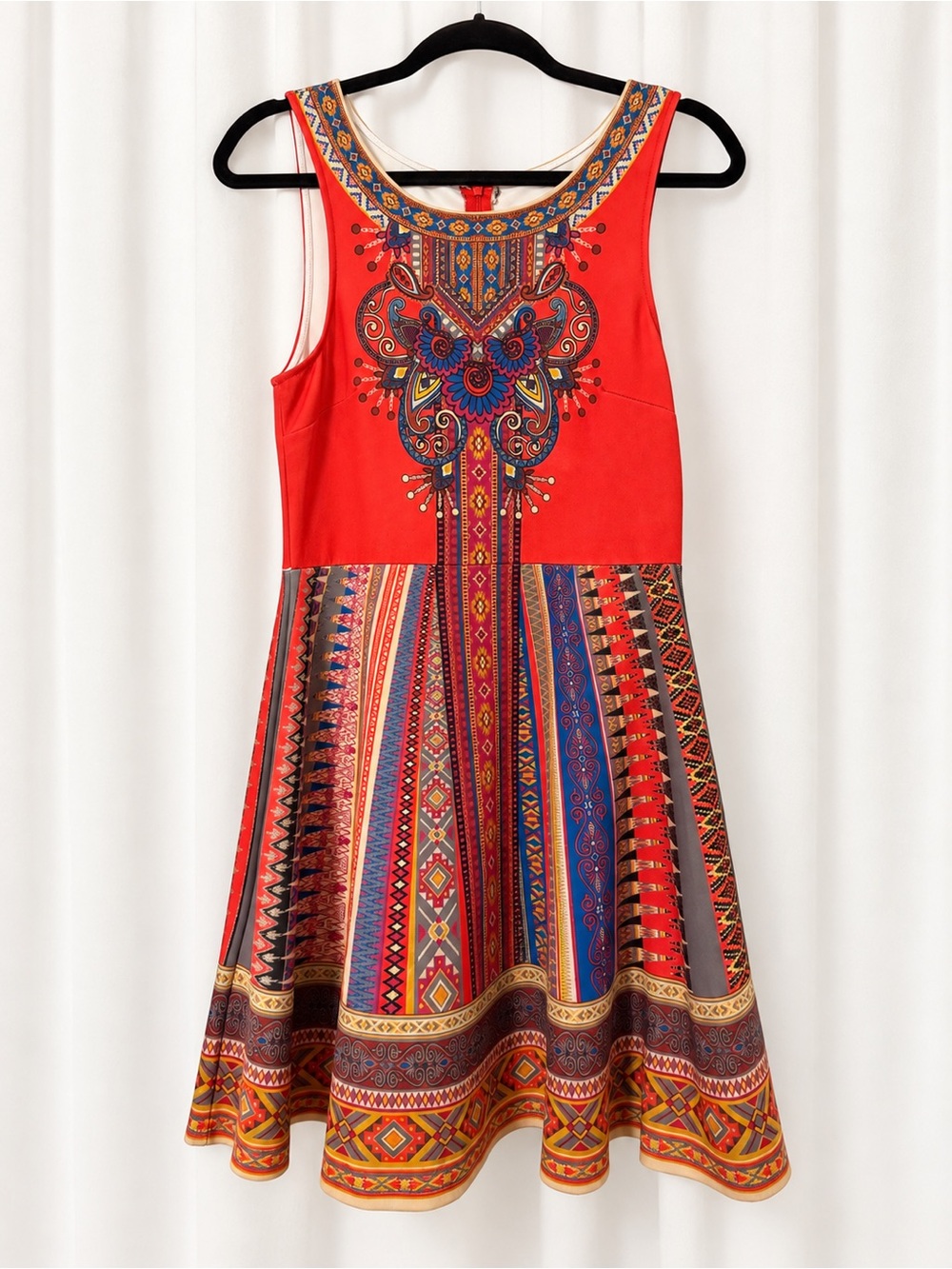 Flying Tomato Red Tribal Print Fit & Flare Mini Dress Boho Geometric Sleeveless